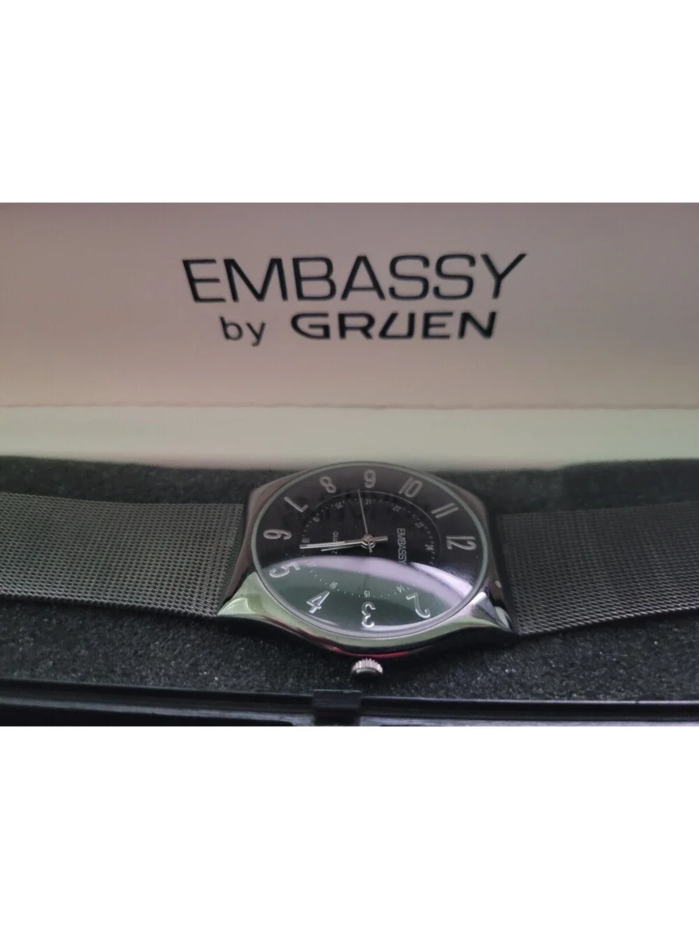 Rare Vintage Gruen Embassy Blk Chrome Mens Watch New In Box